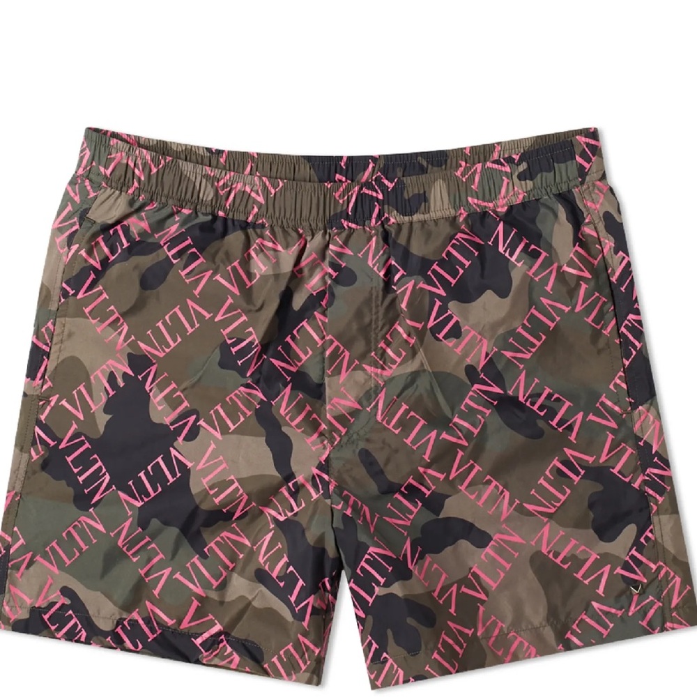 Valentino Garavani Olive Green Camo Swim Trunks with Pink Logo